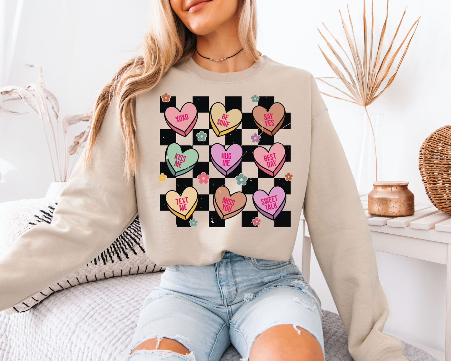 Retro Conversation Hearts Sweatshirt | Valentine’s Day Checkerboard Crewneck | Cute Candy Heart Gift for Her