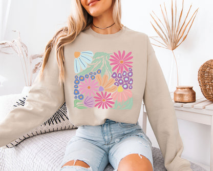 Retro Botanical Blossom Hoodie – Colorful Flower Art Pullover, Relaxed Fit Cozy Sweatshirt, Plant Lover Streetwear