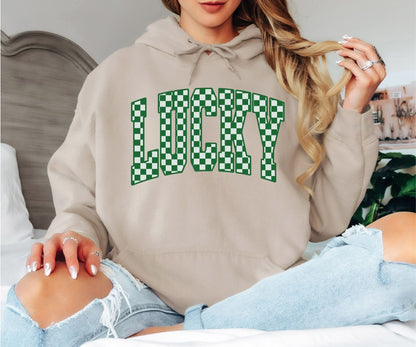Lucky Checkerboard Hoodie, Green Retro Graphic Hoodie, Cozy Unisex Pullover for Everyday Wear
