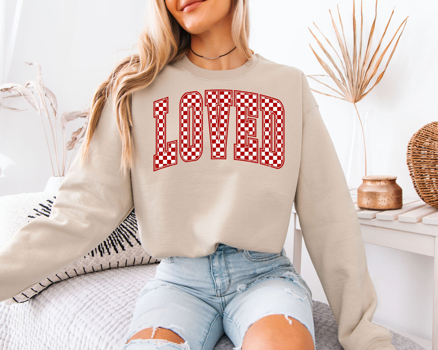 LOVED Sweatshirt | Retro Red Checkerboard Varsity Crewneck | Cute Valentine’s Day Gift for Her