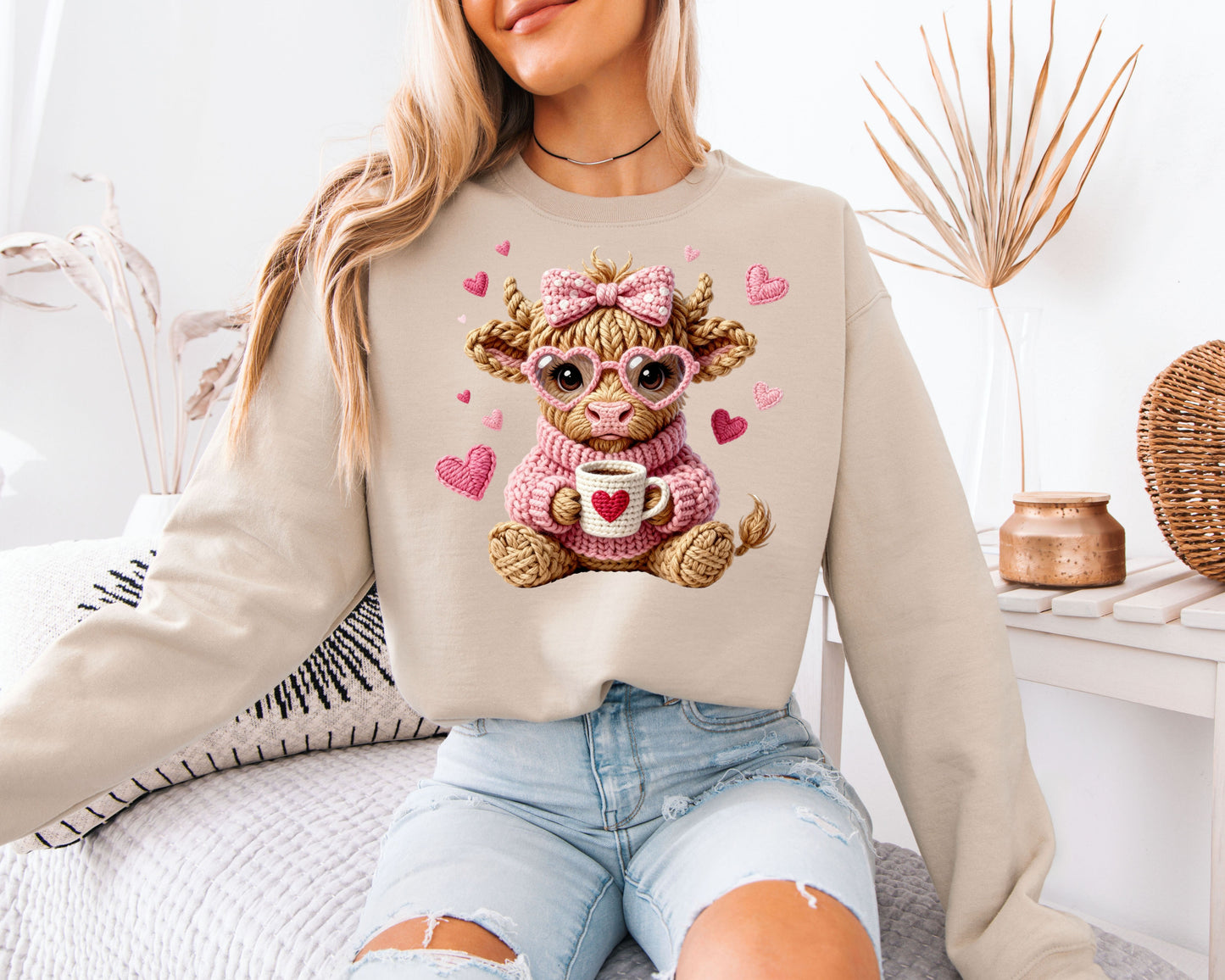 Cute Highland Cow Valentine Sweatshirt | Faux Crochet Style Coffee Lover Crewneck | Adorable Farm Animal Gift