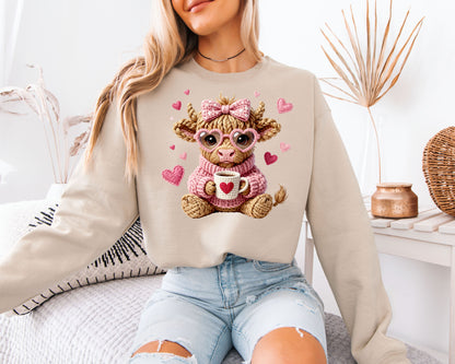 Cute Highland Cow Valentine Sweatshirt | Faux Crochet Style Coffee Lover Crewneck | Adorable Farm Animal Gift