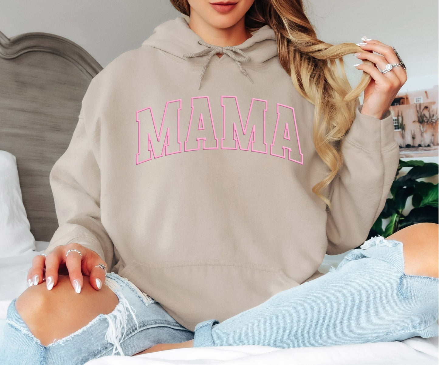 Pink Outline Mama Hoodie - Minimalist Varsity Motherhood Hooded Sweatshirt, Cute Aesthetic Mama Pullover, Mother’s Day Gift, Trendy Pastel Mom Life Hoodie