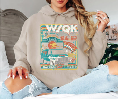 WSQK 94.5 FM Hawkins Hoodie – Stranger Things Inspired Retro Radio Hoodie, Vintage 80s Van Graphic, Unisex Cozy Sweatshirt