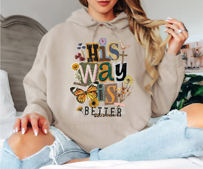 His Way Is Greater Christian Faith Hoodie, Spiritual Butterfly Floral Design, Vintage Inspired Unisex Hoodie