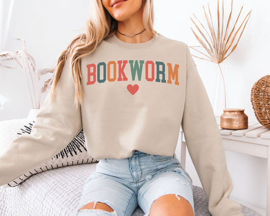 Colorful Retro Bookworm Sweatshirt - Groovy Reading Lover Pullover, Aesthetic Librarian Jumper, Vintage Bookish Heart Crewneck, Cute Teacher Appreciation Sweatshirt