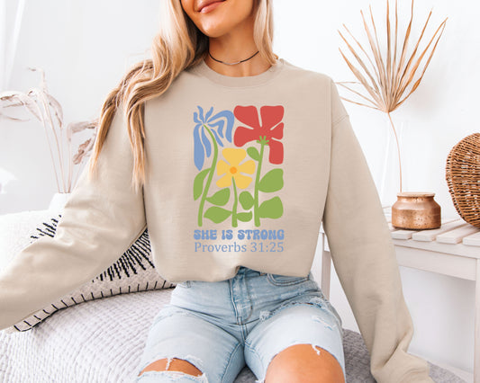 She Is Strong Proverbs 31:25 Floral Sweatshirt, Christian Women Bible Verse Crewneck, Cute Faith Flower Graphic Pullover, Inspirational Gift for Her