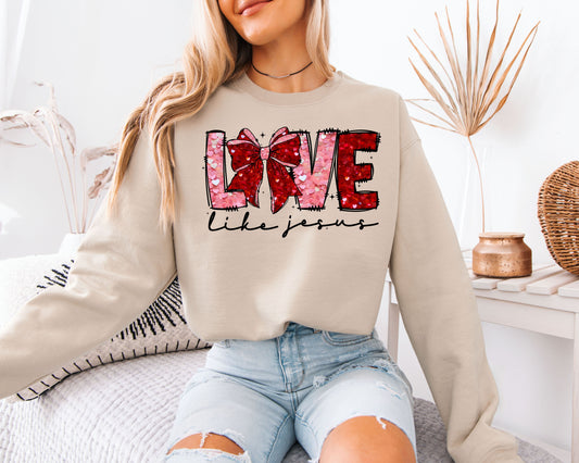 Love Like Jesus Sweatshirt | Faux Sequin Coquette Bow Crewneck | Cute Christian Valentine Gift