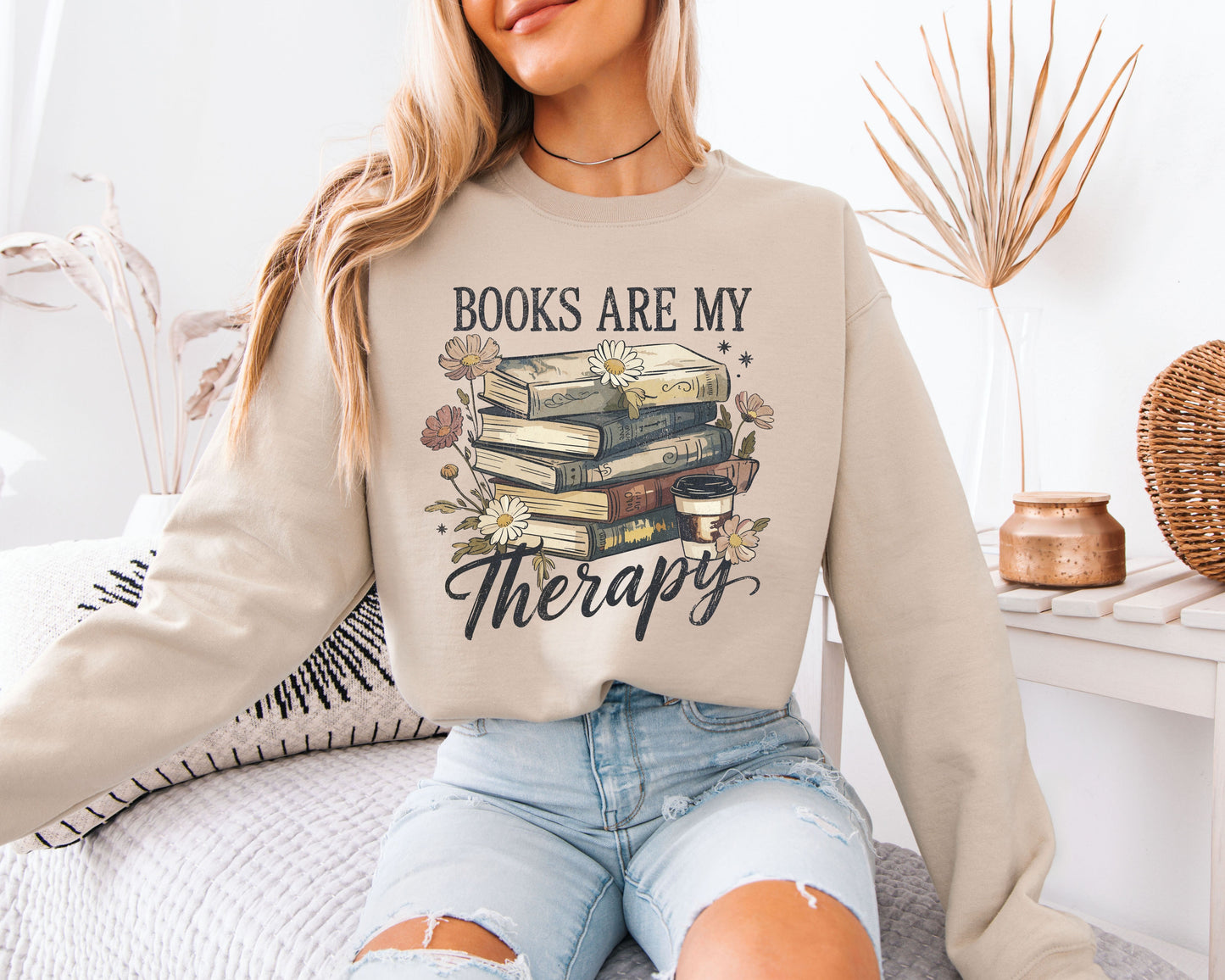Books Are My Therapy Sweatshirt, Book Lover Cozy Crewneck, Floral Reading Graphic Pullover
