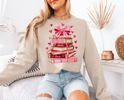 Coquette Book Stack Sweatshirt | Watercolor Pink Bow & Books Valentine Crewneck | Romantic Reading Gift