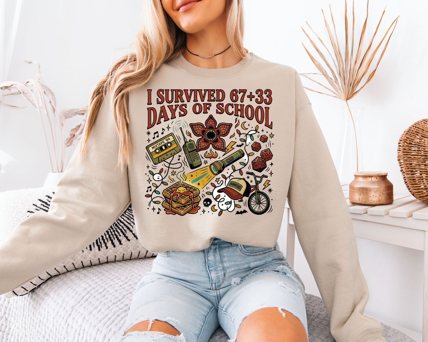 I Survived 67+33 Days of School Sweatshirt, Funny School Survivor Shirt, Retro Pop Culture Unisex Crewneck