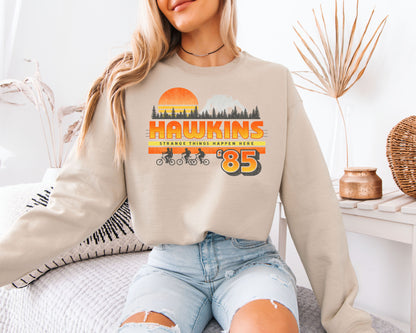 Hawkins 85 Sweatshirt, Stranger Things Inspired Retro Graphic Shirt, 80s TV Show Unisex Crewneck