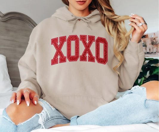 XOXO Glitter Red Varsity Hoodie - Valentine’s Day Hooded Sweatshirt, Sparkling Love Statement Pullover, Cute Romantic Gift for Her, Glamorous XOXO Holiday Hoodie