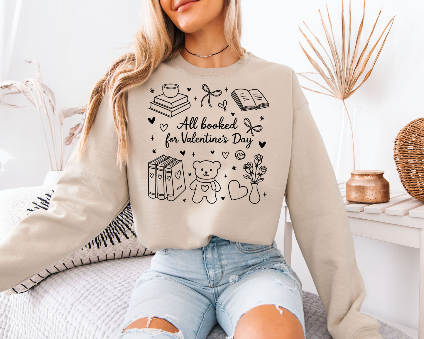All Booked for Valentine’s Day Sweatshirt | Cute Doodle Book Lover Crewneck | Coquette Bear & Bows Reading Gift
