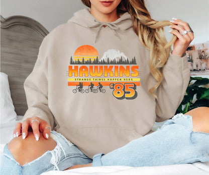 Hawkins ’85 Hoodie – Stranger Things Inspired Retro 80s Graphic Hoodie, Hawkins Indiana Vintage Sci-Fi Unisex Sweatshirt