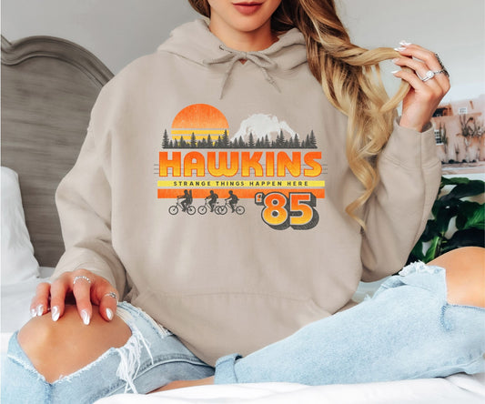 Hawkins ’85 Hoodie – Stranger Things Inspired Retro 80s Graphic Hoodie, Hawkins Indiana Vintage Sci-Fi Unisex Sweatshirt
