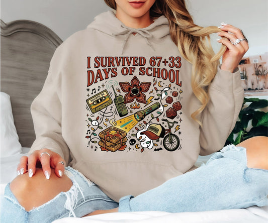 I Survived 67+33 Days of School Hoodie – Stranger Things Inspired Hawkins Graphic Hoodie, Funny End of School Unisex Sweatshirt