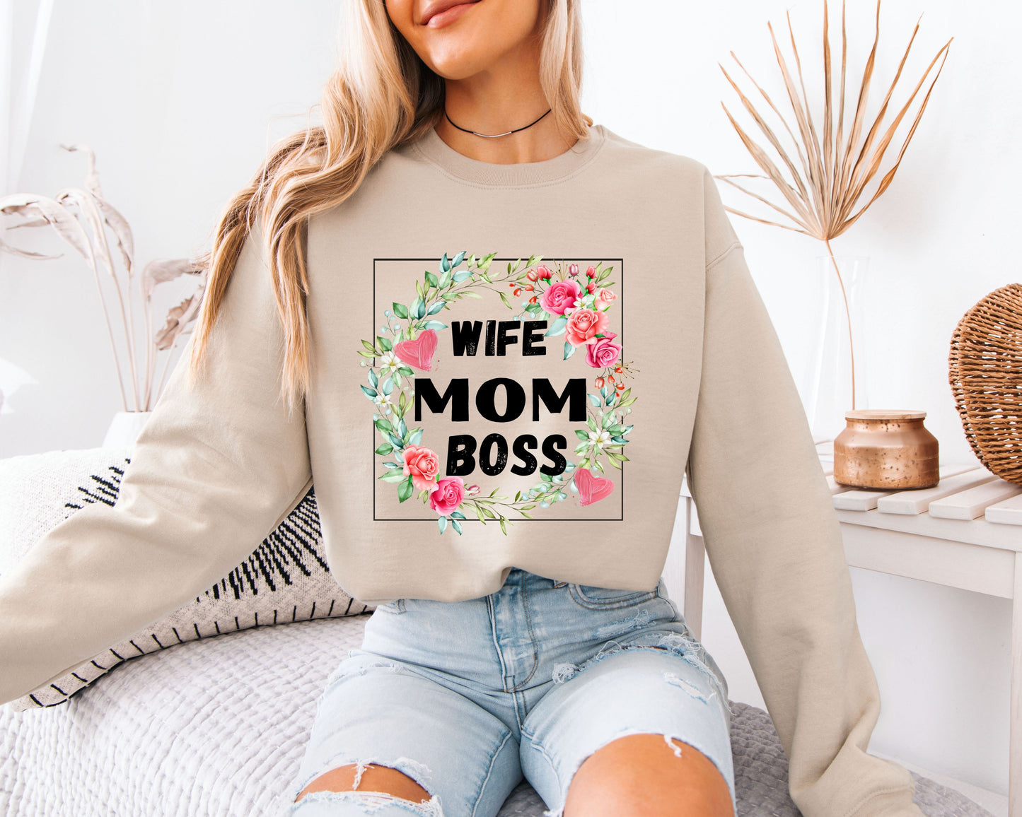 Wife Mom Boss Floral Sweatshirt, Cute Mama Graphic Crewneck Pullover, Strong Mom Life Shirt, Mother’s Day Gift for Her, Cozy Everyday Sweater
