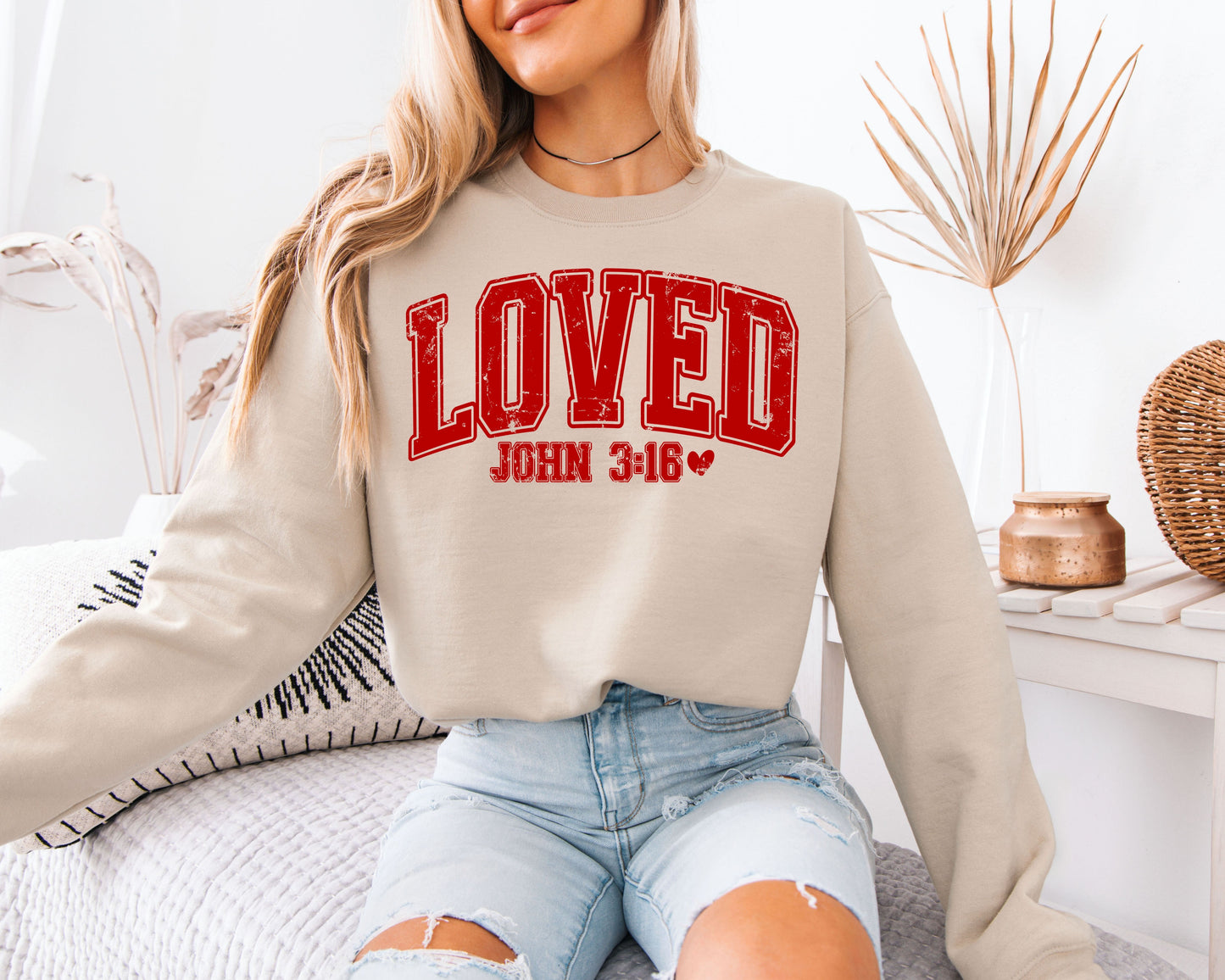 LOVED John 3:16 Sweatshirt | Distressed Varsity Christian Crewneck | Bible Verse Valentine Gift