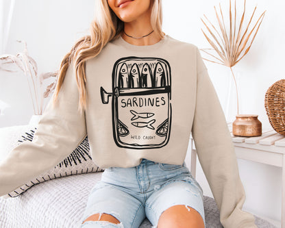 Wild Caught Sardine Tin Sweatshirt - Hand-Drawn Blue Aesthetic Pullover, Tinned Fish Lover Crewneck, Mediterranean Coastal Style Jumper