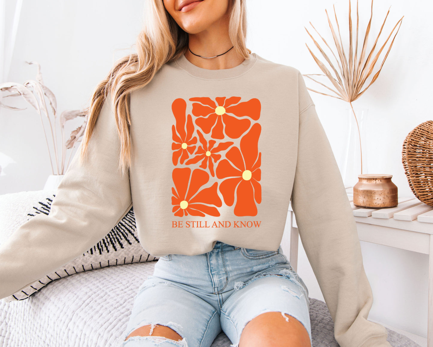 Aesthetic Floral Comfort Sweatshirt, Easy Casual Layer, Flower Illustration Crewneck Sweatshirt