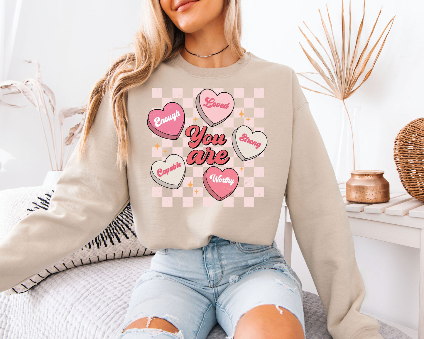 You Are Enough Loved Strong Worthy Sweatshirt - Positive Affirmations Pullover, Pastel Conversation Hearts Jumper, Mental Health Awareness Crewneck, Kind Heart Aesthetic Gift