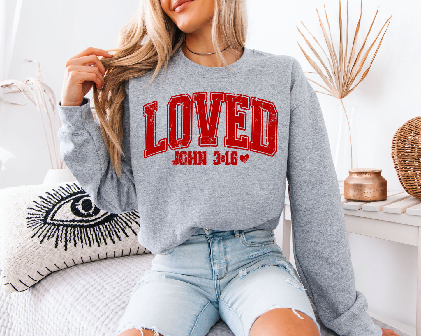 LOVED John 3:16 Sweatshirt | Distressed Varsity Christian Crewneck | Bible Verse Valentine Gift