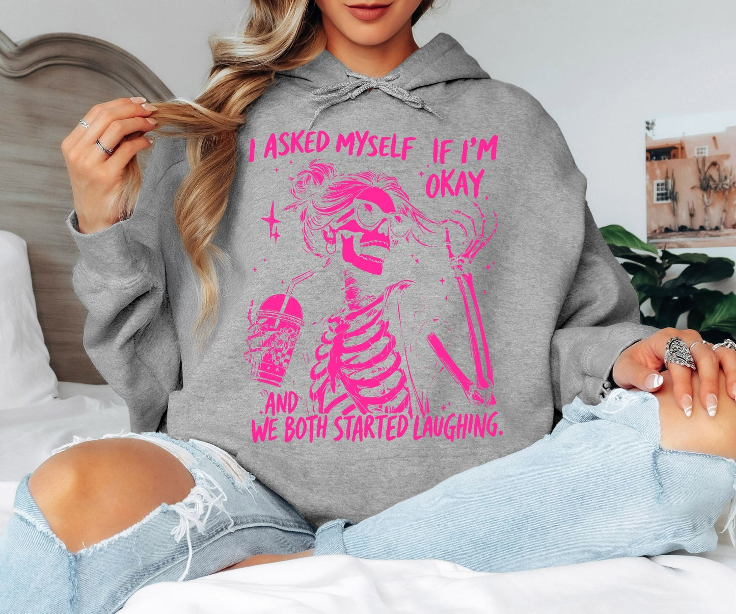 I Asked If I’m Okay Hoodie – Funny Skeleton Illustration, Dark Humor Vibes