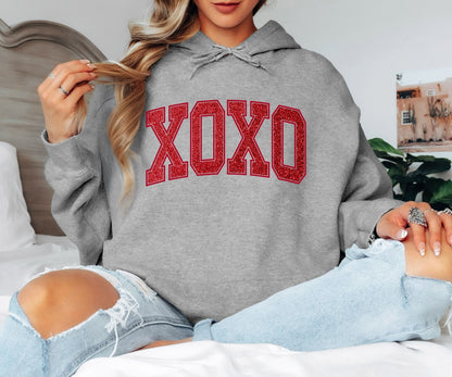 XOXO Glitter Red Varsity Hoodie - Valentine’s Day Hooded Sweatshirt, Sparkling Love Statement Pullover, Cute Romantic Gift for Her, Glamorous XOXO Holiday Hoodie