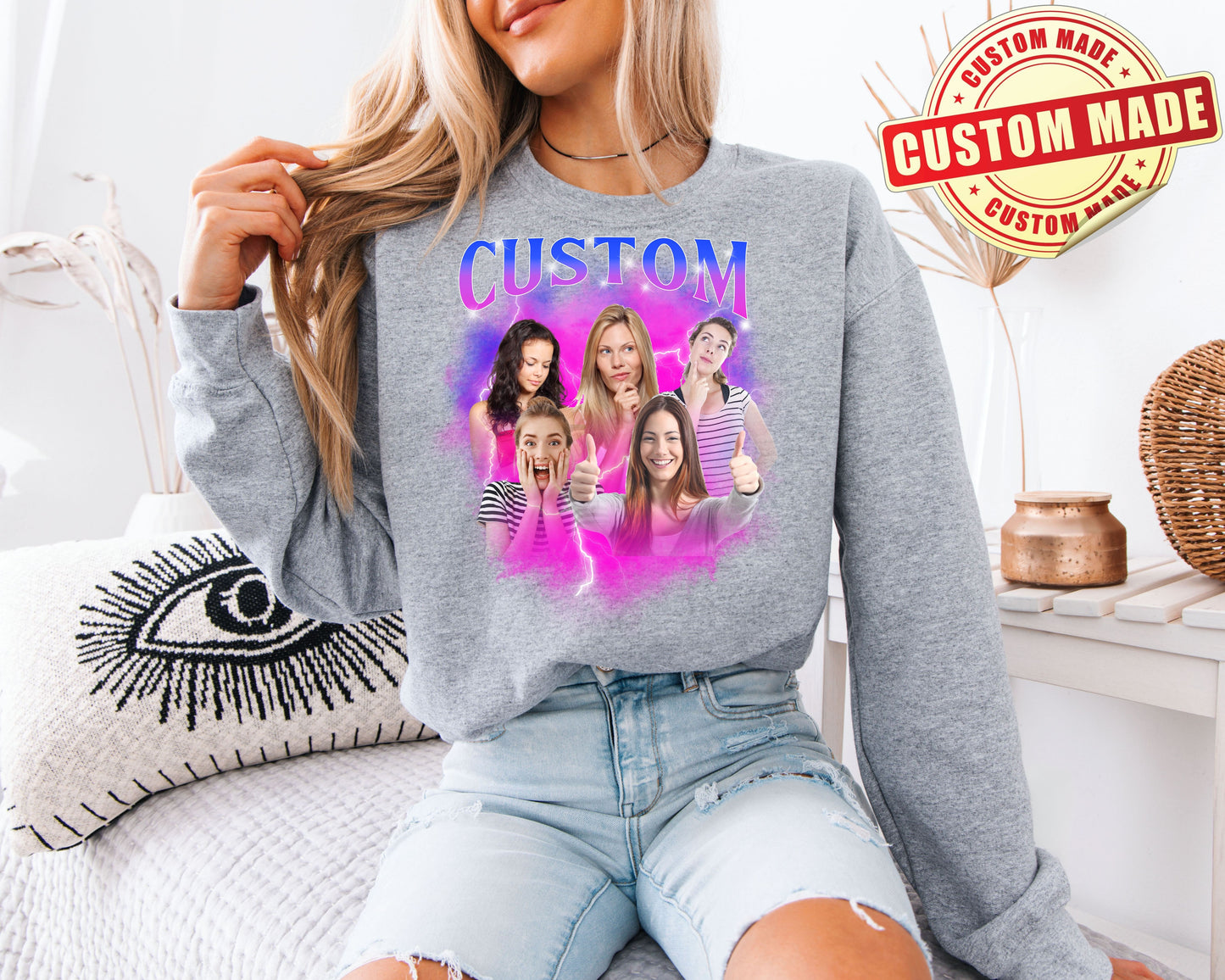 Custom Bootleg Crewneck Sweatshirt - Personalized 90s Vintage Style Photo Sweater - Best Friend & Group Gift