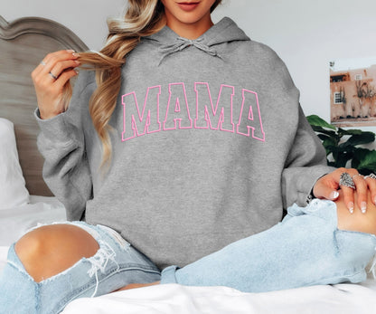 Pink Outline Mama Hoodie - Minimalist Varsity Motherhood Hooded Sweatshirt, Cute Aesthetic Mama Pullover, Mother’s Day Gift, Trendy Pastel Mom Life Hoodie