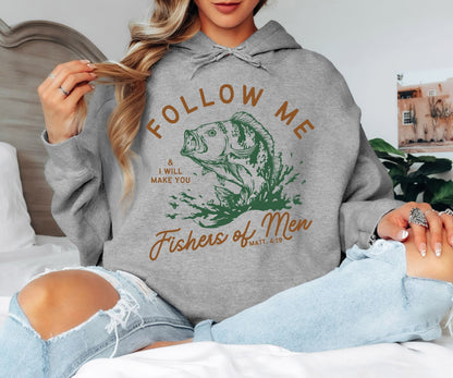 Fishers of Men Christian Hoodie - Matthew 4:19 Bible Verse Hooded Sweatshirt, Vintage Fishing Graphic Pullover, Religious Faith Hoodie, Angler Gift