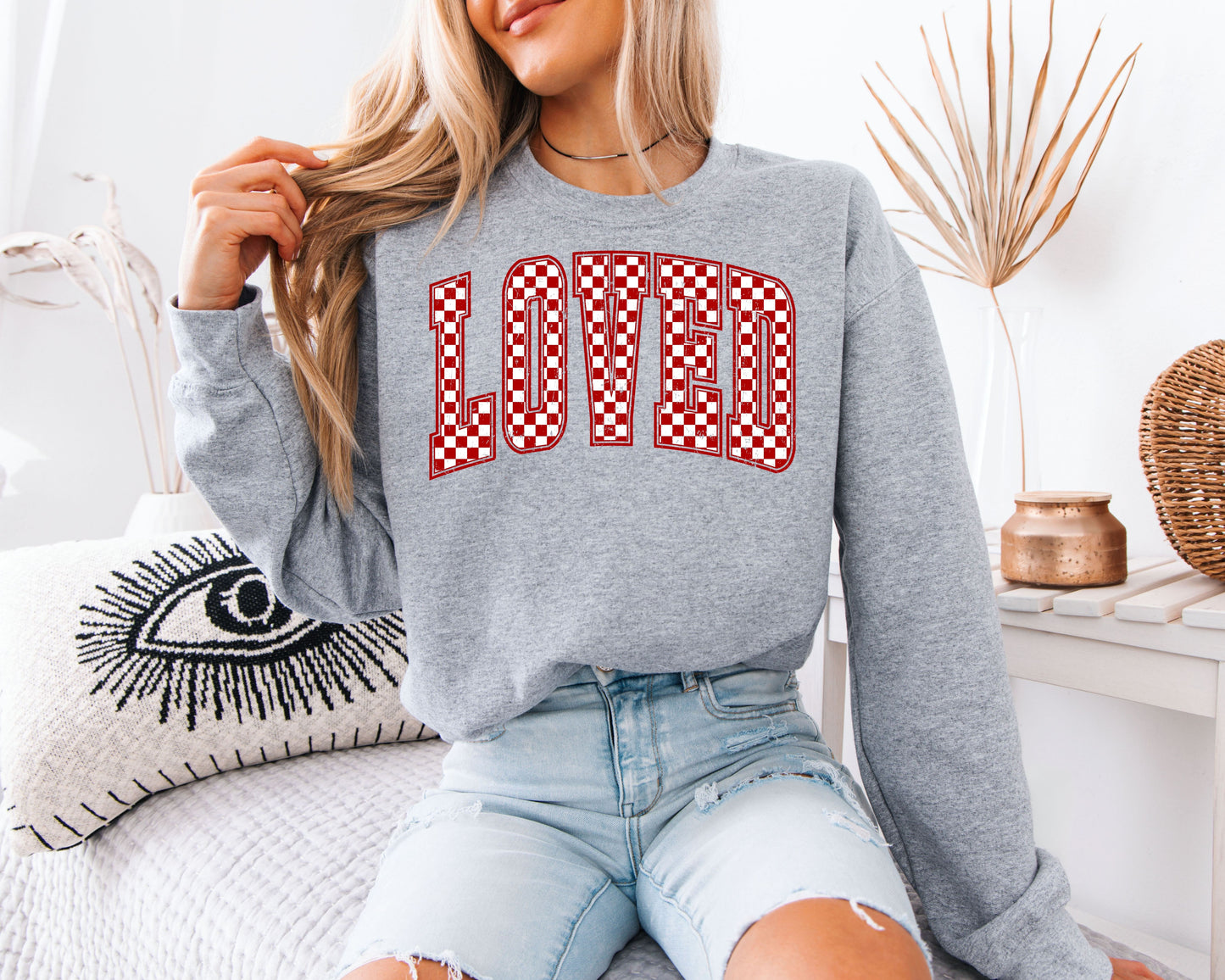 LOVED Sweatshirt | Retro Red Checkerboard Varsity Crewneck | Cute Valentine’s Day Gift for Her