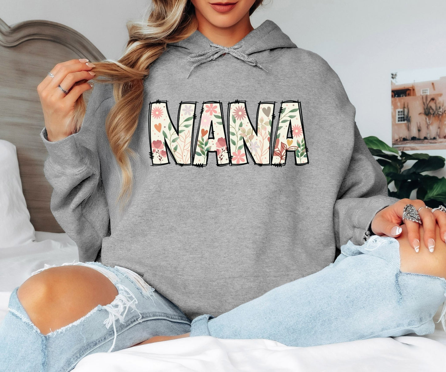 Floral NANA Hoodie – Cute Flower Letter Grandma Sweatshirt Gift