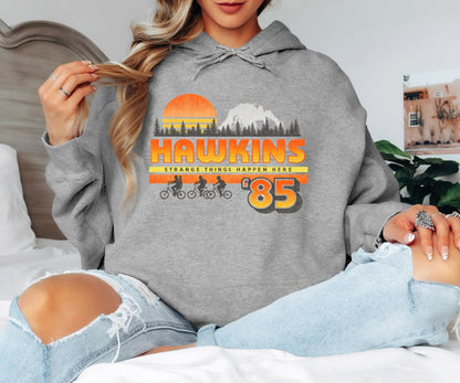 Hawkins ’85 Hoodie – Stranger Things Inspired Retro 80s Graphic Hoodie, Hawkins Indiana Vintage Sci-Fi Unisex Sweatshirt