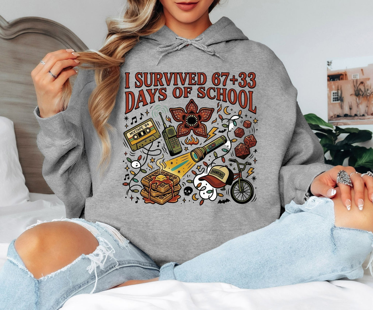 I Survived 67+33 Days of School Hoodie – Stranger Things Inspired Hawkins Graphic Hoodie, Funny End of School Unisex Sweatshirt