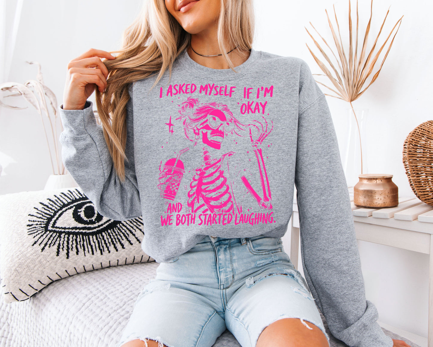 Sarcastic Skeleton Graphic Sweatshirt – Pink Quote Unisex Pullover, Bold Aesthetic Statement Sweatshirt