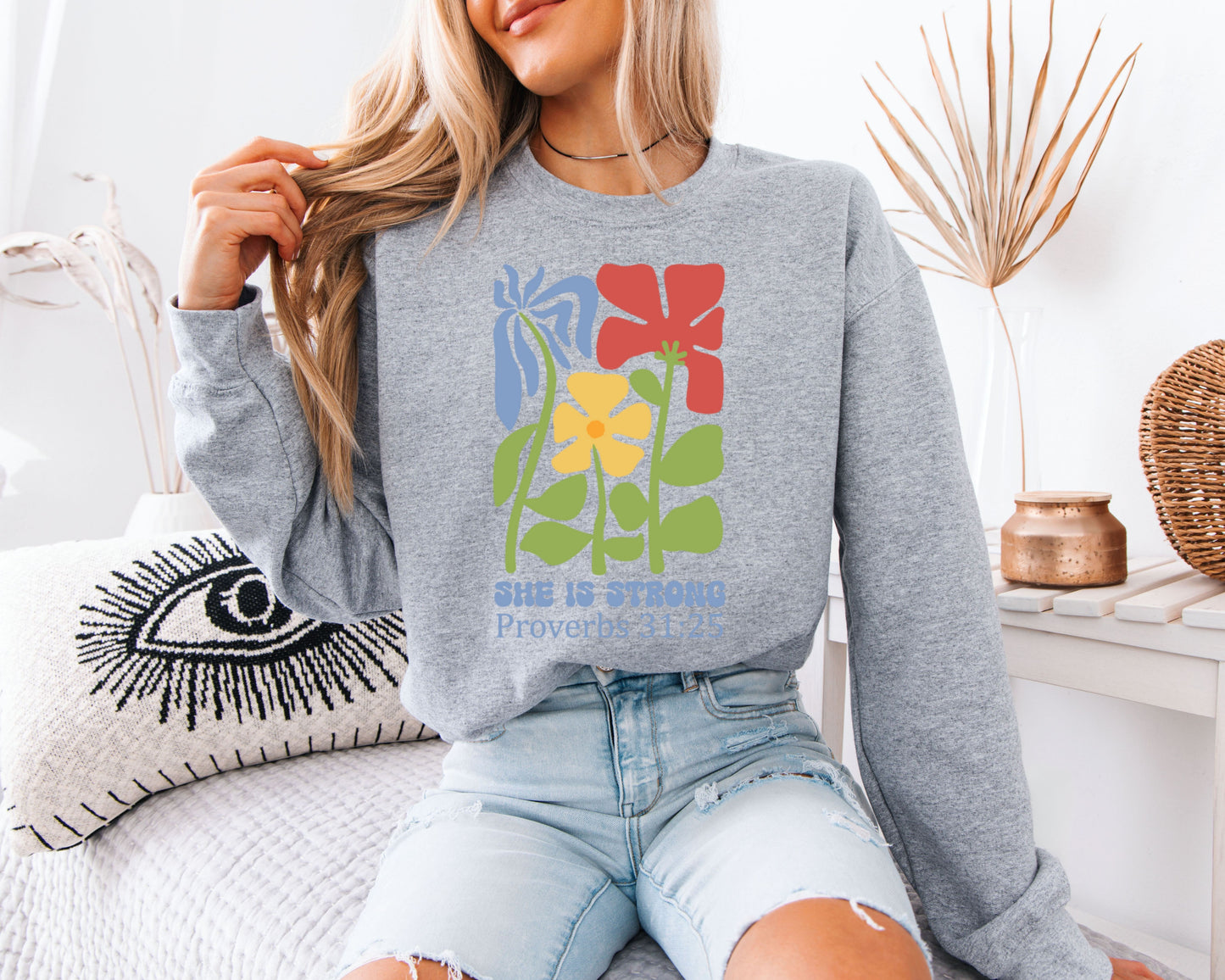 She Is Strong Proverbs 31:25 Floral Sweatshirt, Christian Women Bible Verse Crewneck, Cute Faith Flower Graphic Pullover, Inspirational Gift for Her