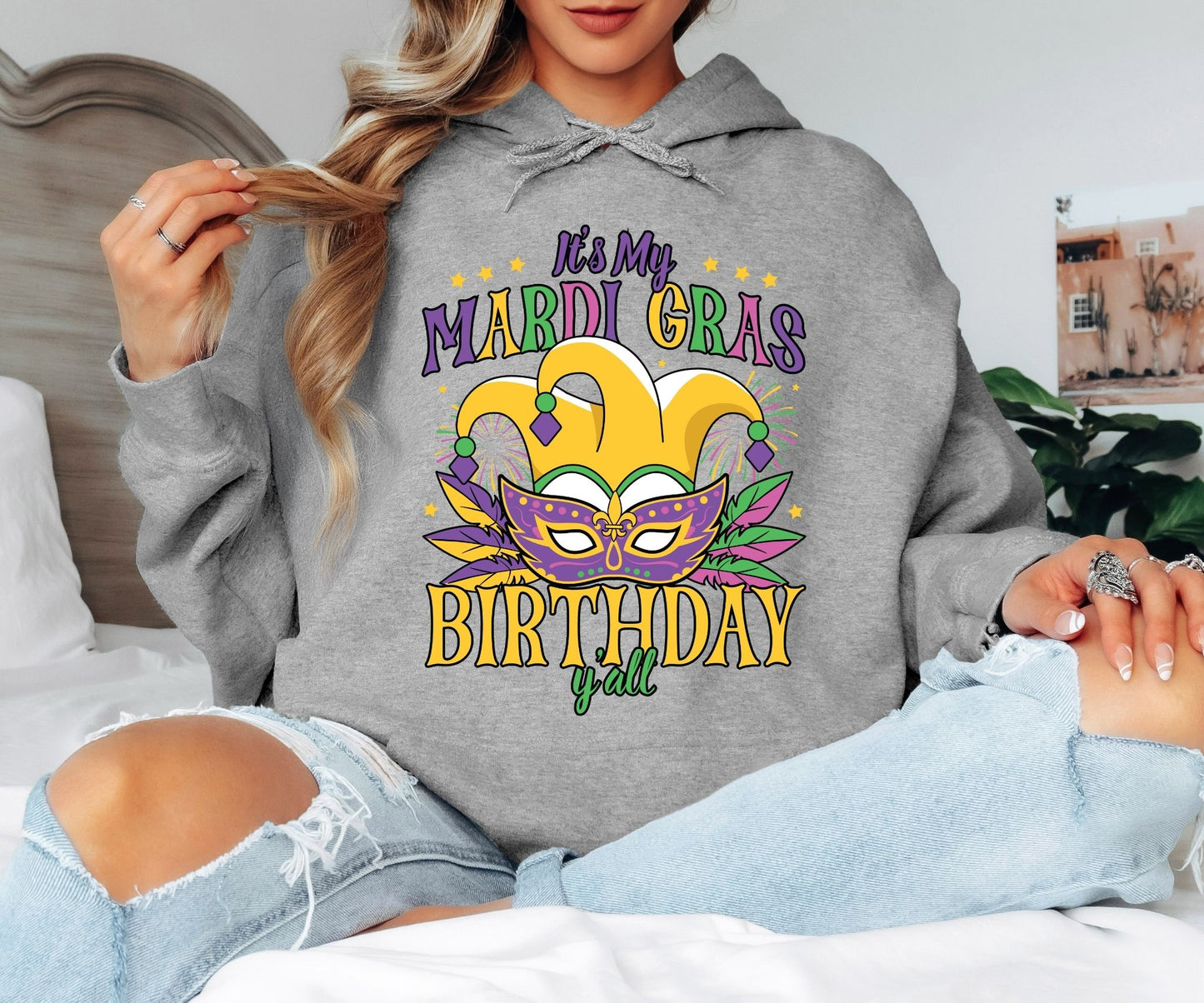 Mardi Gras Hoodie – Beads Masks & Carnival Fun