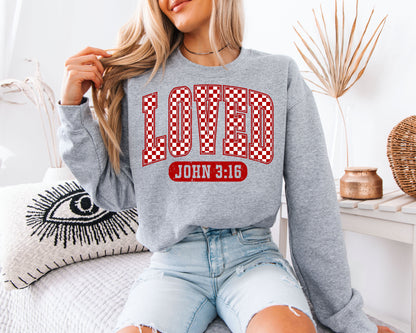 LOVED John 3:16 Sweatshirt | Distressed Varsity Christian Crewneck | Bible Verse Valentine Gift