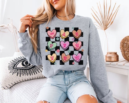 Retro Conversation Hearts Sweatshirt | Valentine’s Day Checkerboard Crewneck | Cute Candy Heart Gift for Her