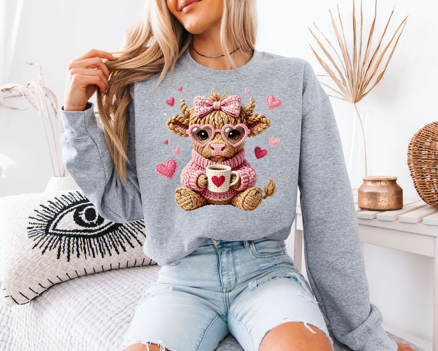 Cute Highland Cow Valentine Sweatshirt | Faux Crochet Style Coffee Lover Crewneck | Adorable Farm Animal Gift