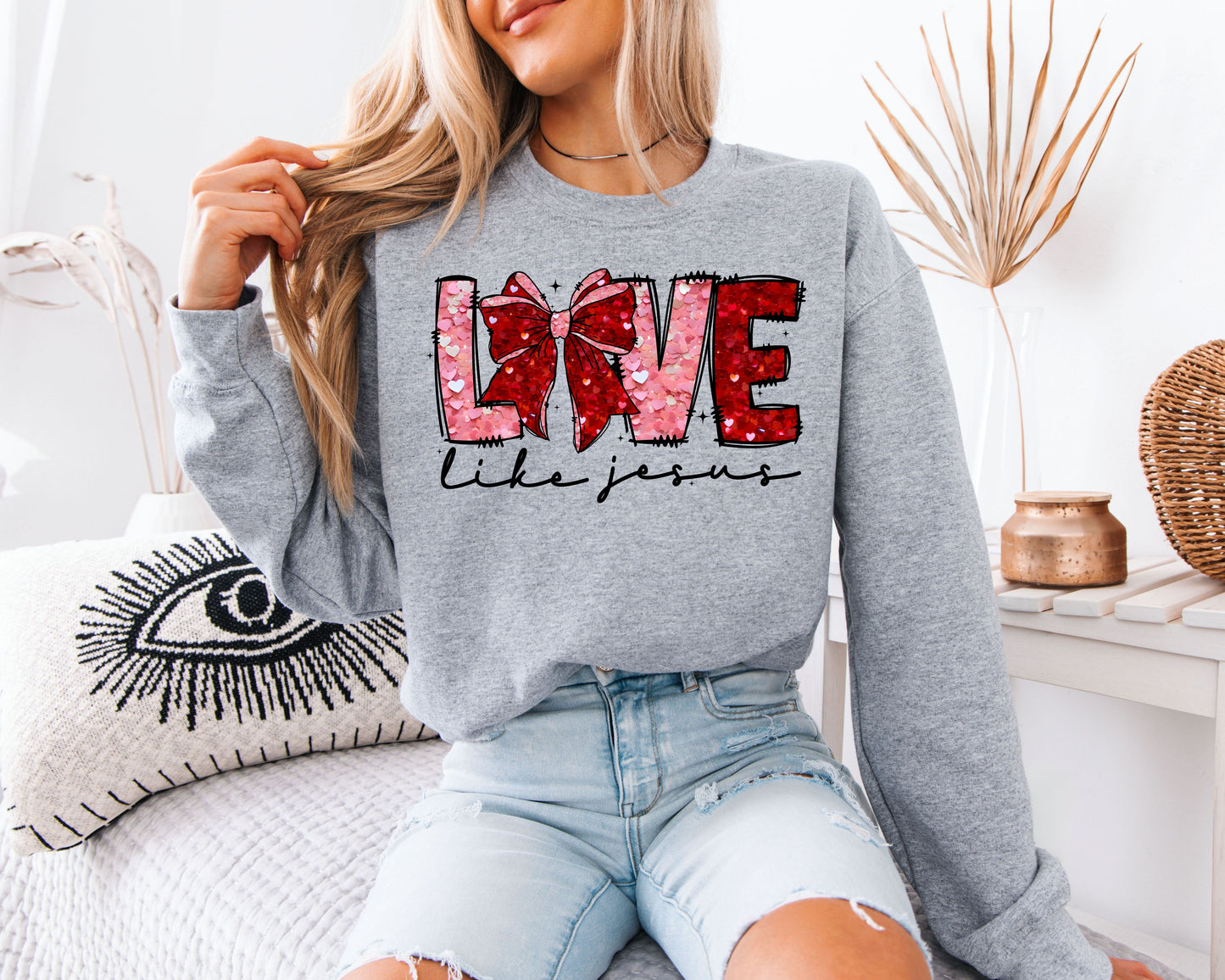 Love Like Jesus Sweatshirt | Faux Sequin Coquette Bow Crewneck | Cute Christian Valentine Gift
