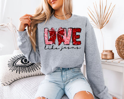 Love Like Jesus Sweatshirt | Faux Sequin Coquette Bow Crewneck | Cute Christian Valentine Gift