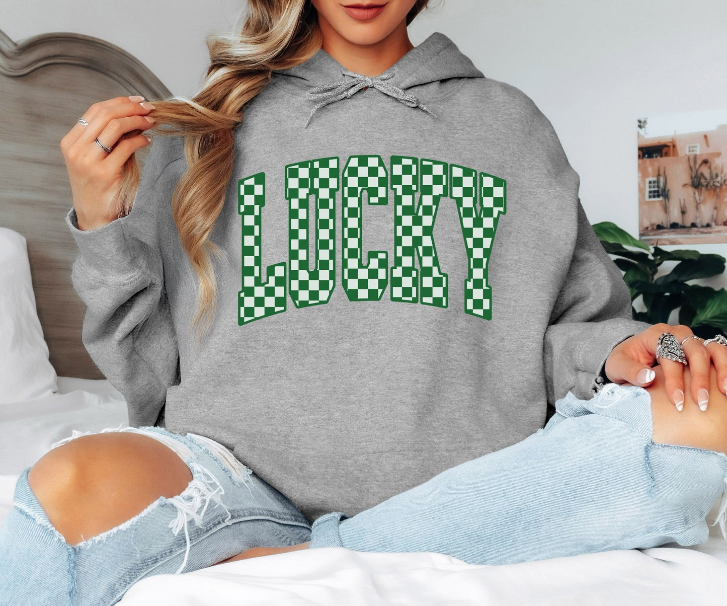 Lucky Checkerboard Hoodie, Green Retro Graphic Hoodie, Cozy Unisex Pullover for Everyday Wear