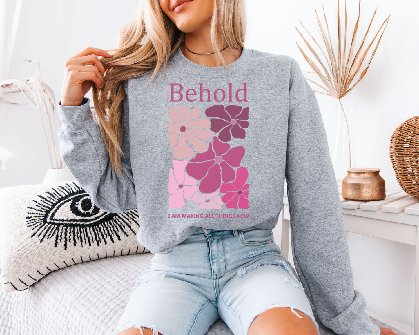 Behold Floral Christian Sweatshirt, Pink Flower Bible Verse Crewneck, Faith Inspired Scripture Pullover, Cute Aesthetic Cozy Sweater for Women