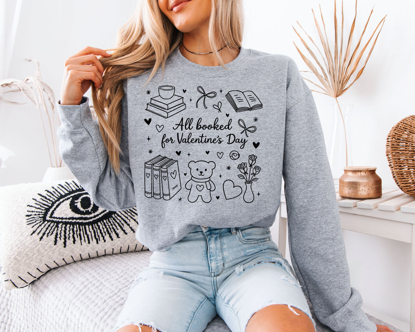 All Booked for Valentine’s Day Sweatshirt | Cute Doodle Book Lover Crewneck | Coquette Bear & Bows Reading Gift