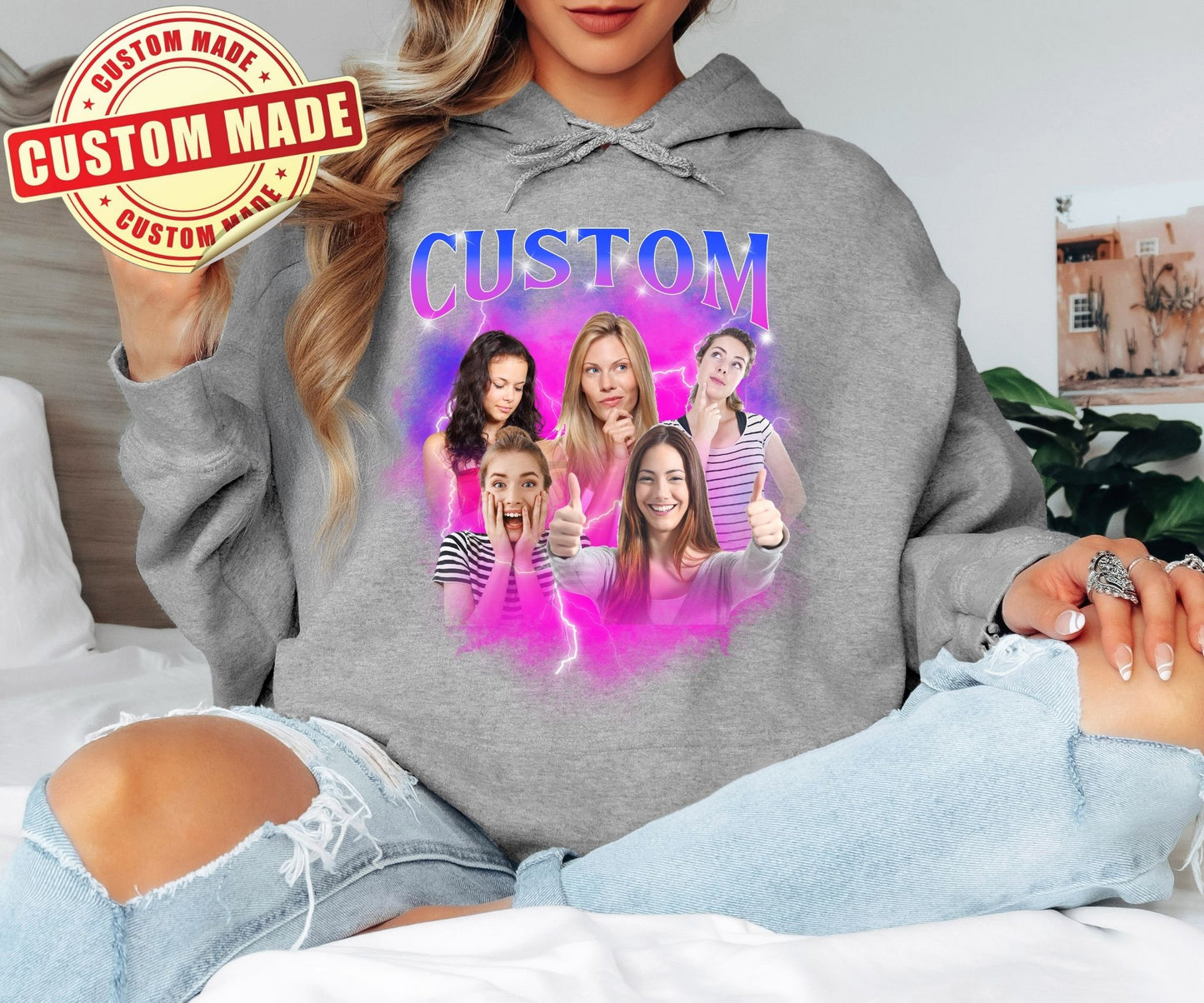 Custom Bootleg Hoodie - Personalized Friend Group Photo Sweatshirt - Funny Best Friend Gift - 90s Vintage Style