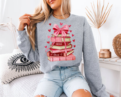 Coquette Book Stack Sweatshirt | Watercolor Pink Bow & Books Valentine Crewneck | Romantic Reading Gift