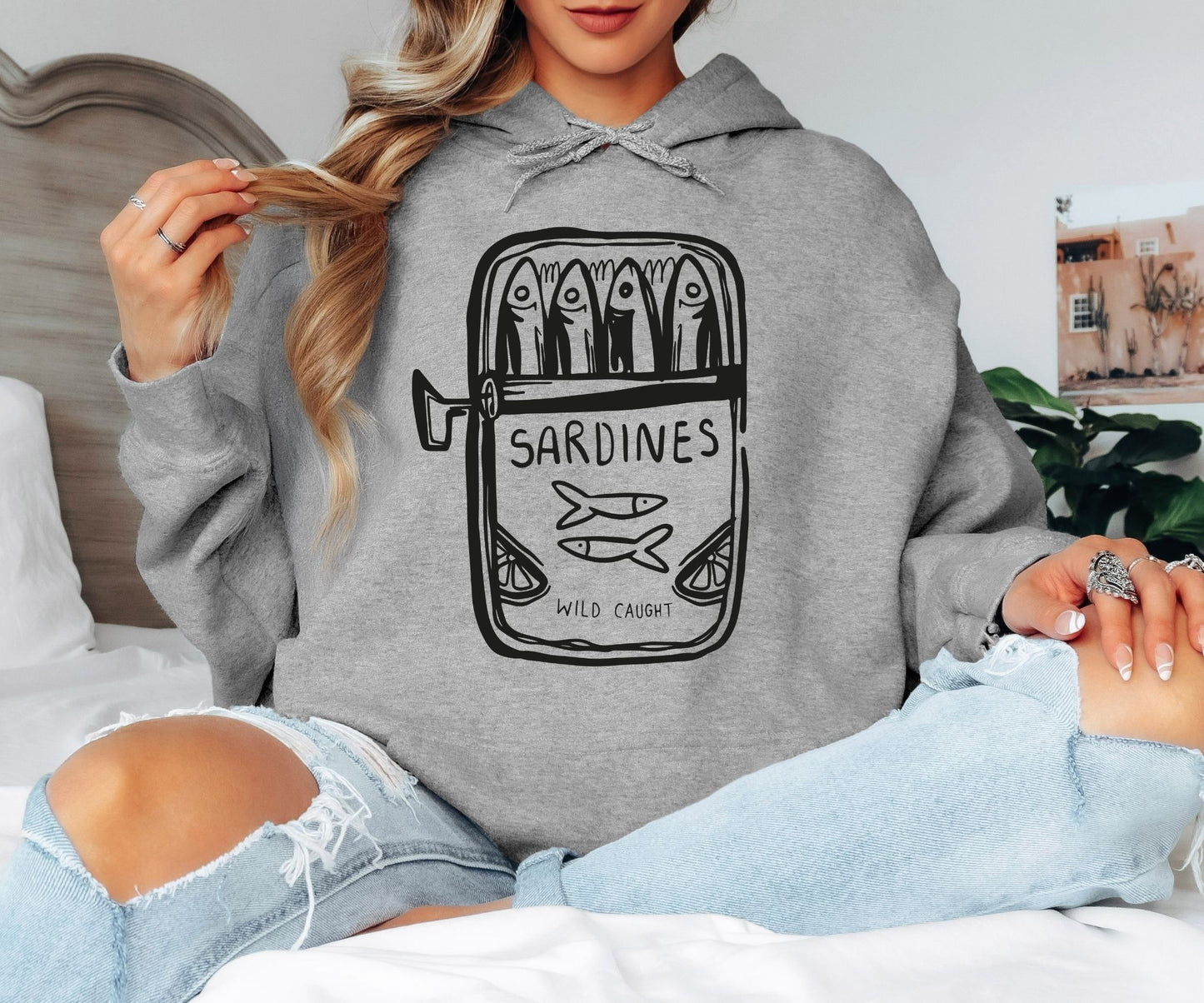 Wild Caught Sardine Tin Hoodie - Hand-Drawn Blue Aesthetic Pullover, Tinned Fish Lover Hooded Sweatshirt, Mediterranean Coastal Style Hoodie